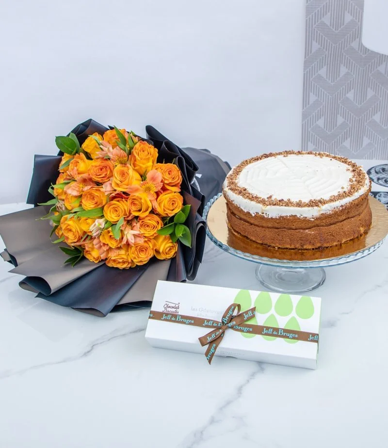 Jeff De Bruges Chocolate with Helen's Banoffee Cake and Flower Arrangement