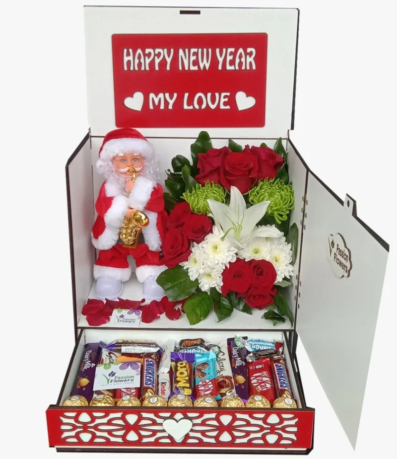 Assorted flowers, Chocolate and Santa Claus Wooden Box