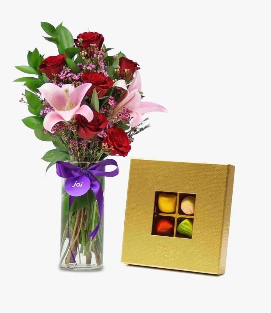 The Best Friend Bouquet + Gold Leather Window Chocolate Box by Bateel (Small) 