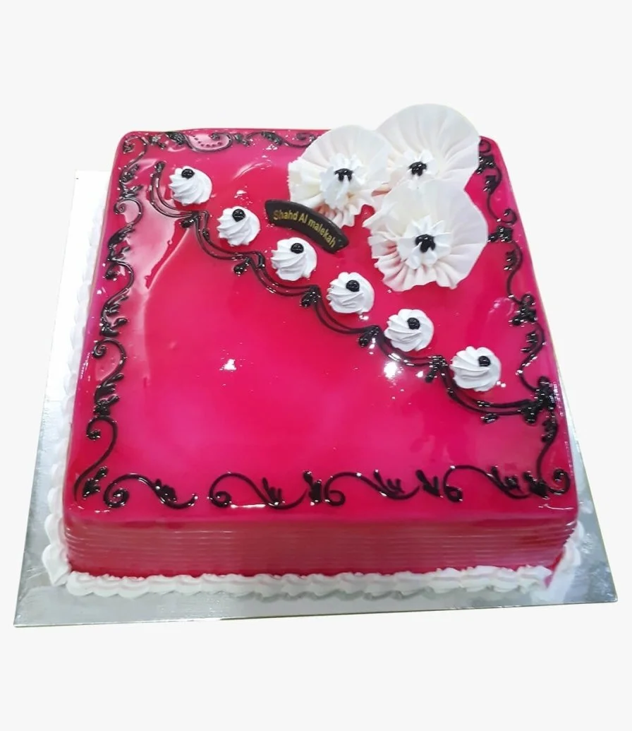 Square-shaped Chocolate/Vanilla Cake with Hot Pink Glaze 