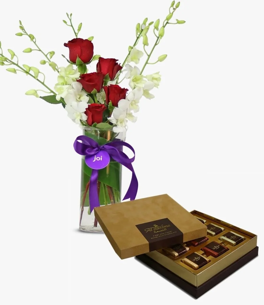 The Elegant Twist Bouquet & Pralines Gift Box by Al Nassma