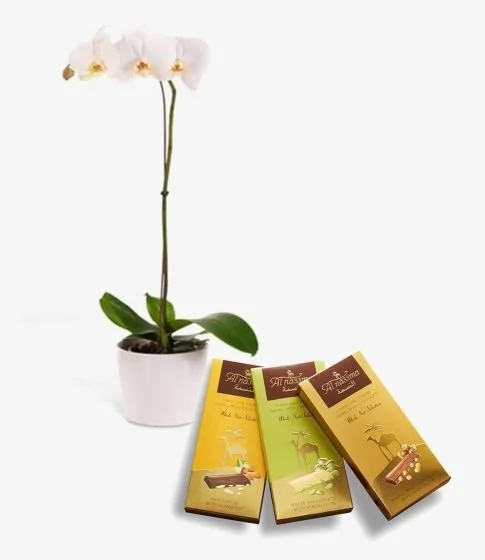 The Committed One Bouquet & Camel Milk Chocolate Bars with Nuts by Al Nassma 