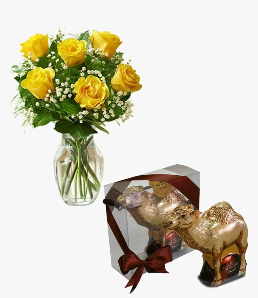The Yellow Fantasy Bouquet & Camel Milk Chocolate Figurine by Al Nassma