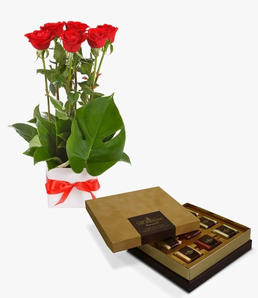 Love Stands Tall Bouquet & Pralines Gift Box by Al Nassma 
