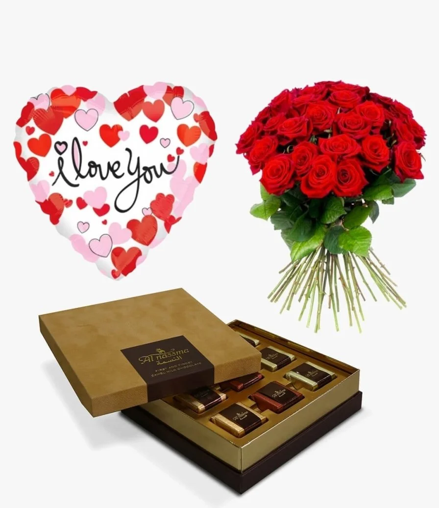 I Love You Balloon, The Big Statement Bouquet, & Pralines Gift Box by Al Nassma 