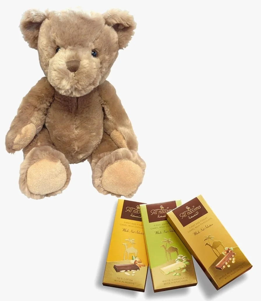 Chandler Plush Bear & Camel Milk Chocolate Bars with Nuts by Al Nassma 
