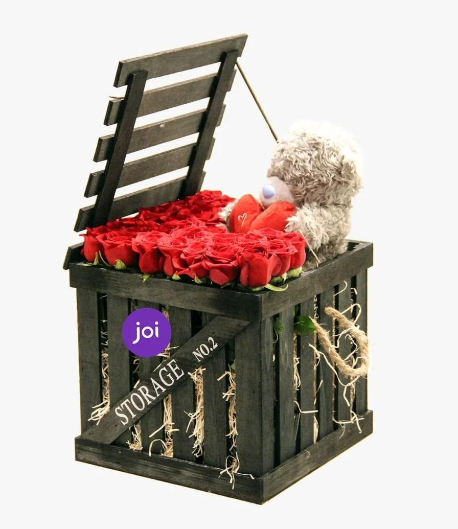 Roses & Teddy Bear in a Wooden Box 