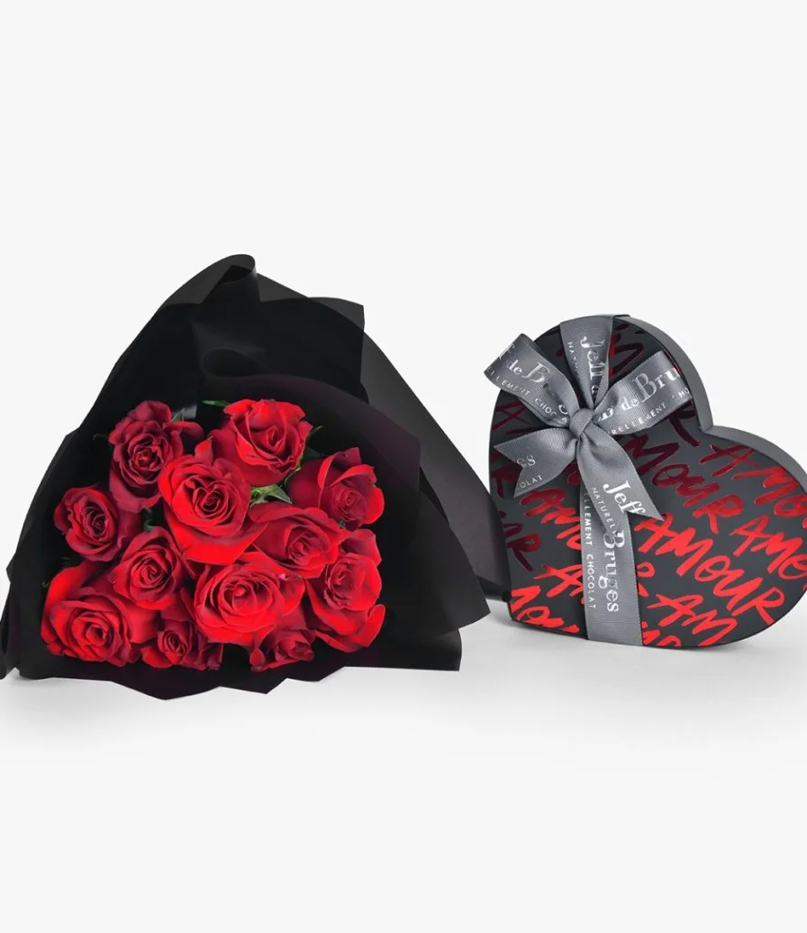 12 Red Roses Romantic Bouquet with Red Heart Chocolate Box - Large by Jeff de Bruges