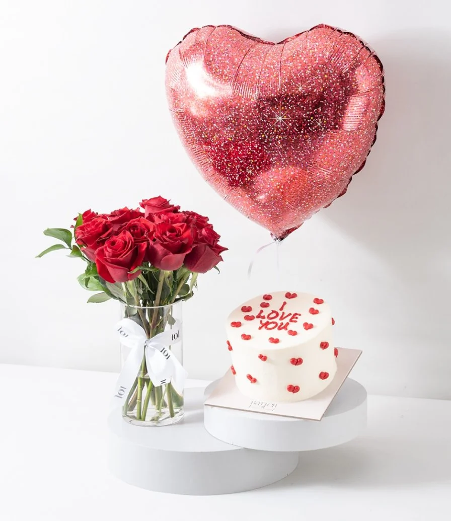 12 Roses Arrangement, I Love You Cake & Red Glitter Foil Balloon Bundle