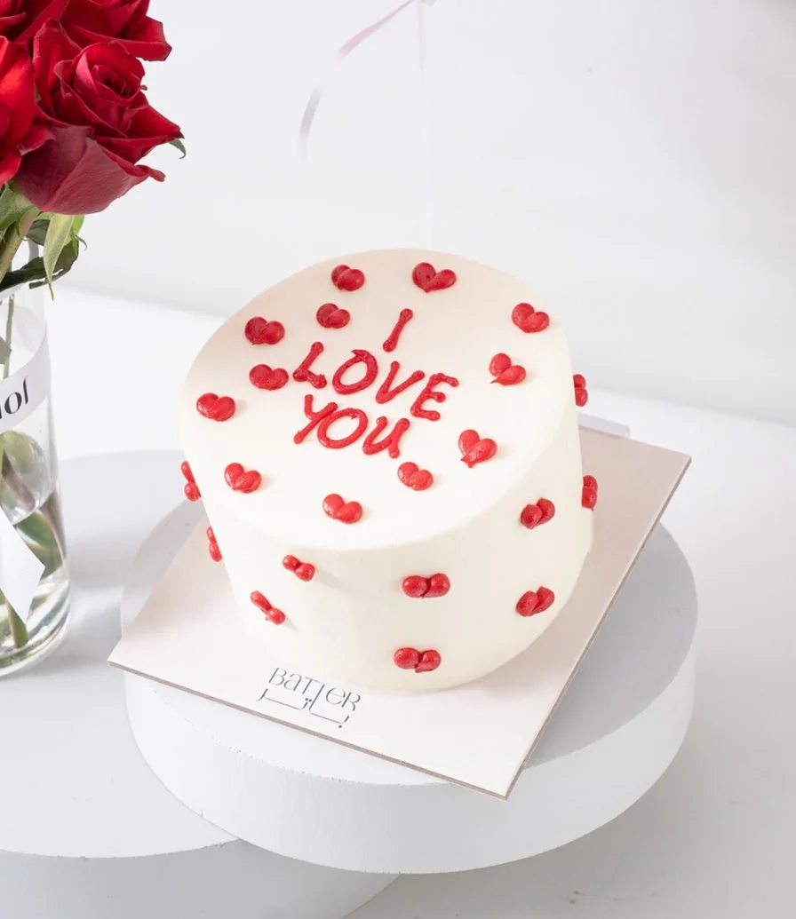 12 Roses Arrangement, I Love You Cake & Red Glitter Foil Balloon Bundle