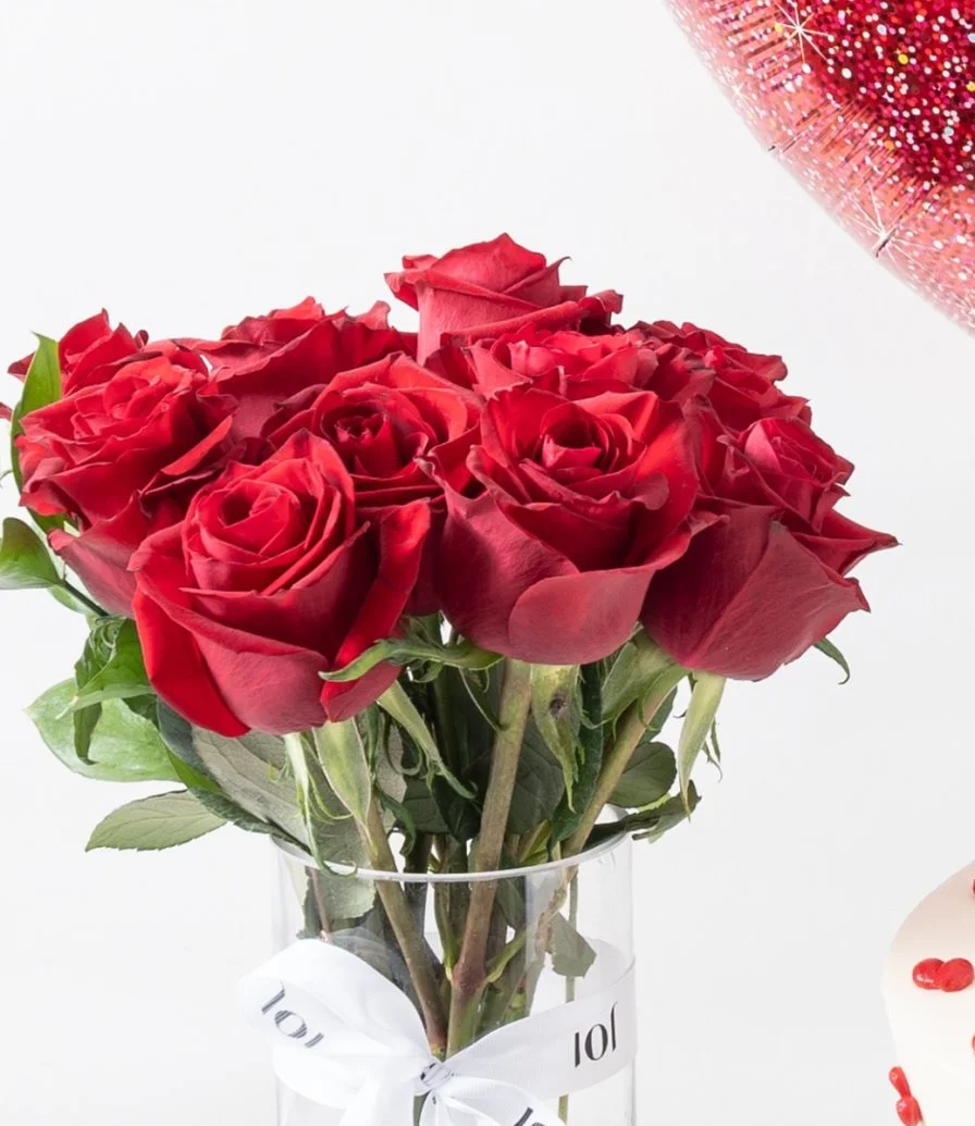 12 Roses Arrangement, I Love You Cake & Red Glitter Foil Balloon Bundle