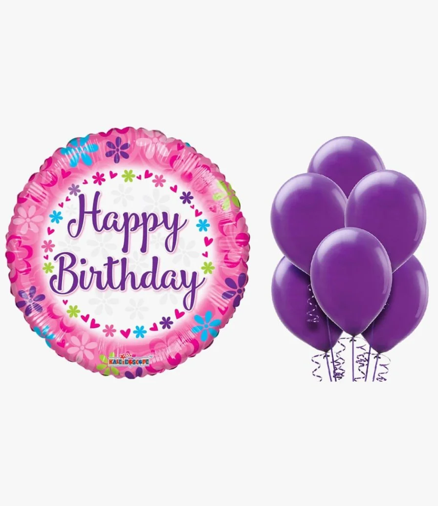 Happy Birthday Flowers Balloon and 6 Purple Balloons