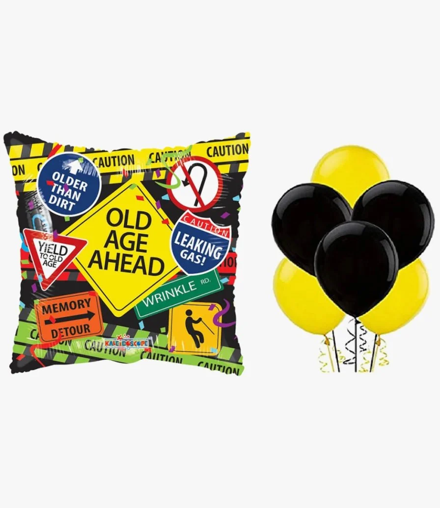 Old Age Ahead Birthday Balloon and 6 Black and Yellow Balloons