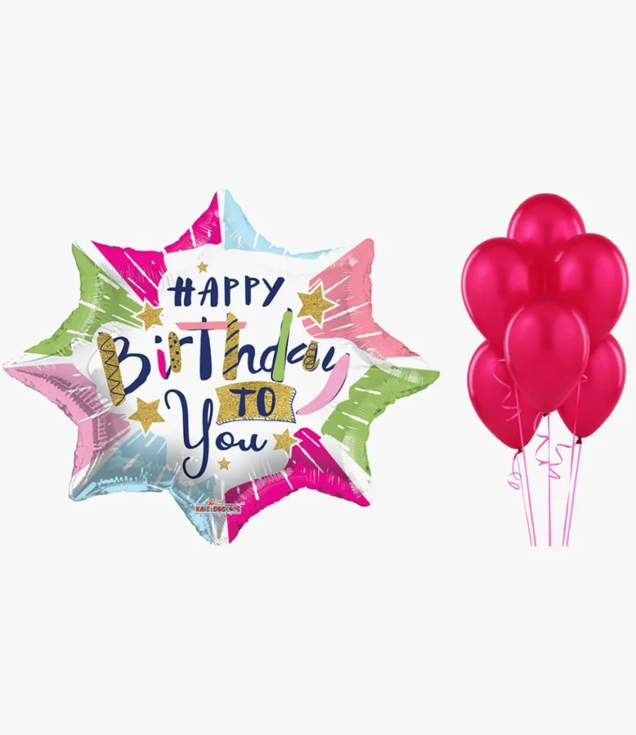 Happy Birthday Star Balloon and 6 Pink Balloons