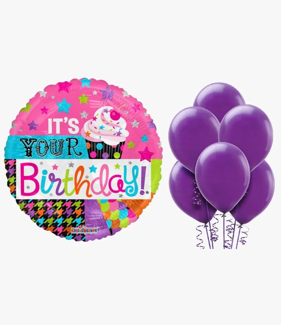 Happy Birthday Cake Balloon and 6 Purple Balloons