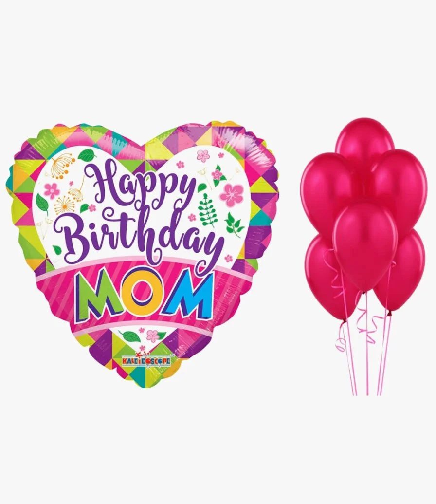 Happy Birthday Mom Balloon and 6 Pink Balloons