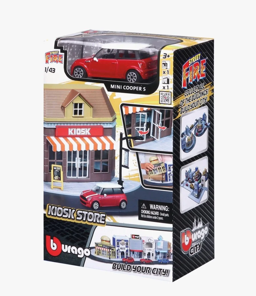 1:43 Street Fire Bburago City Kiosk Store Incl. 1 Car Assorted style may vary