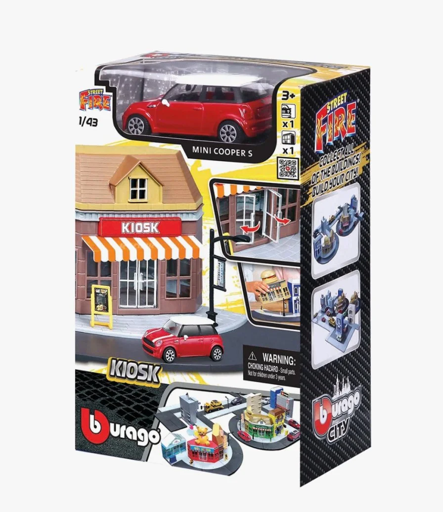 1:43 Street Fire Bburago City Kiosk Store Incl. 1 Car Assorted style may vary