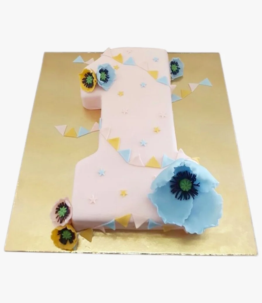 1st Birthday Cake with Pink Icing and flowers 