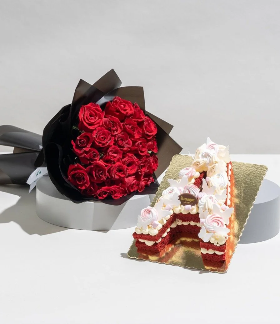 24 Roses Hand Bouquet and Letter Cake by Bakery & Company