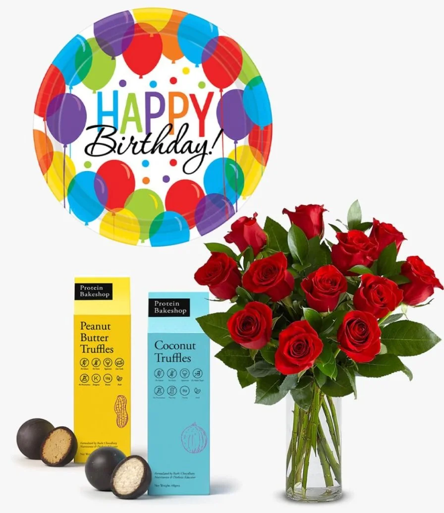 Protein Bakeshop Truffles, Roses, & Balloon Gift Bundle