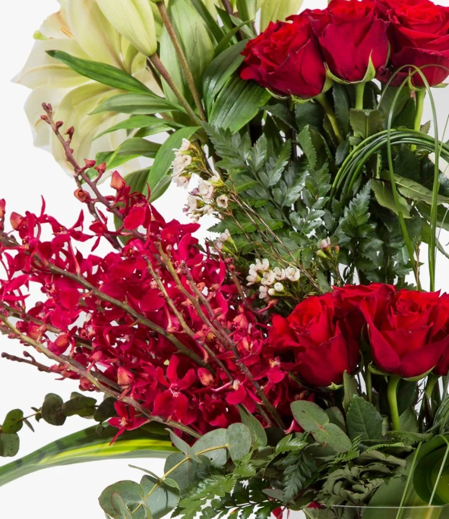 Red Rose and Orchid Arrangement 