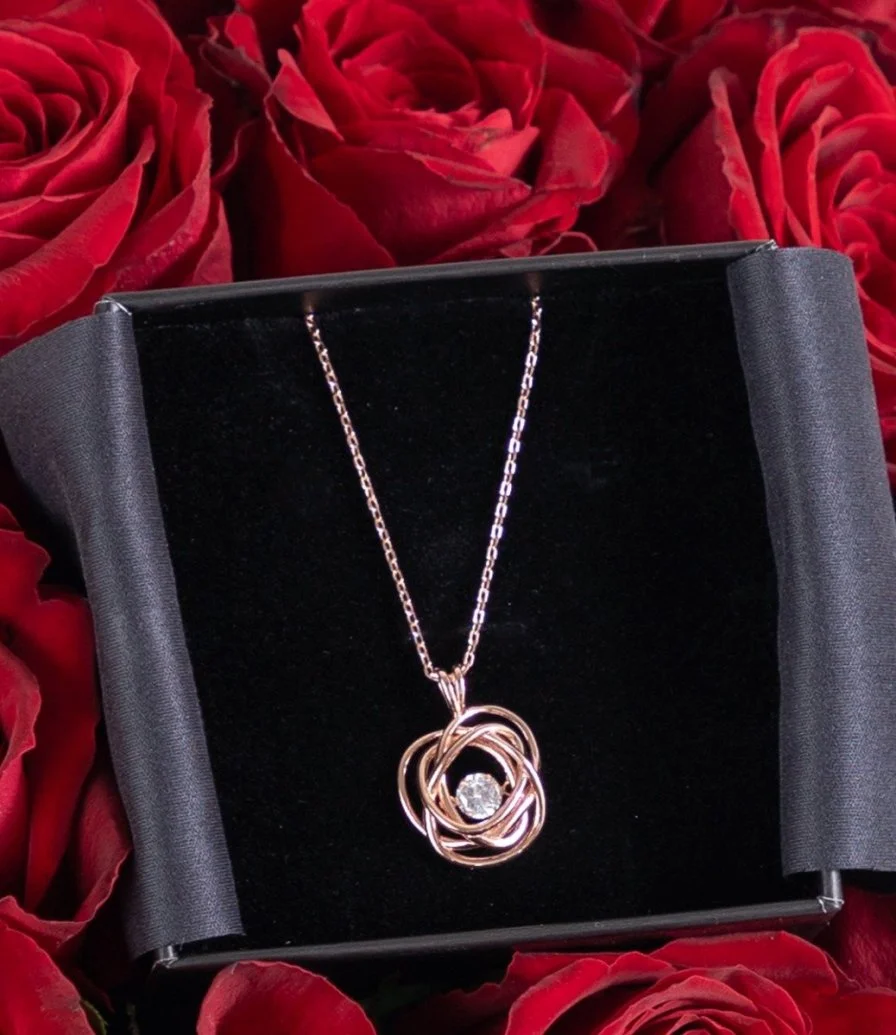 50 Heart Shaped Red Roses  and Gold Infinity Necklace Bundle