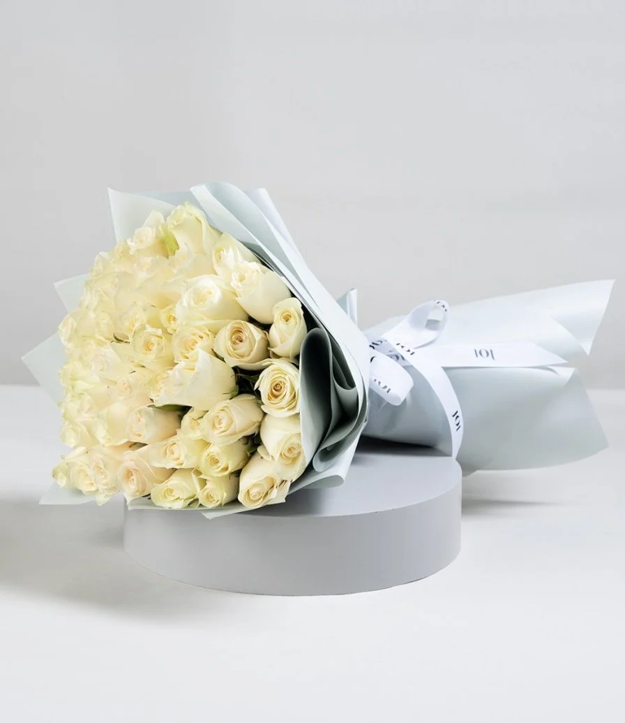 50 White Roses Hand Bouquet & Summer Tiffany by Reef Perfumes Bundle