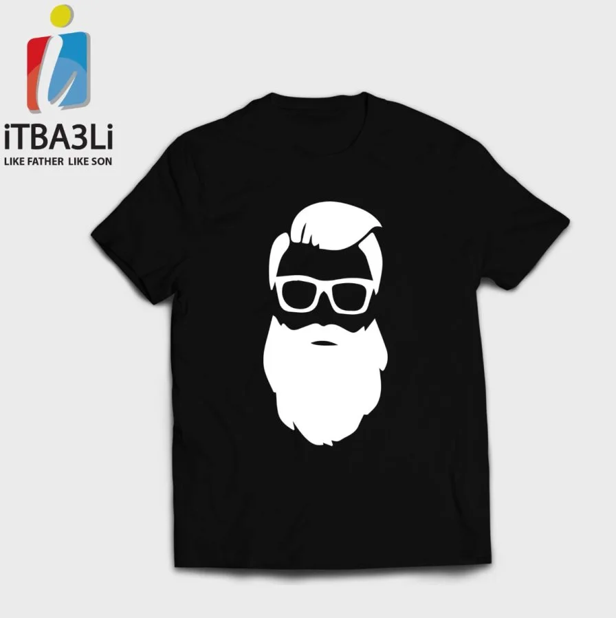 Men's Black Printed T-shirt with Illustrated Beard