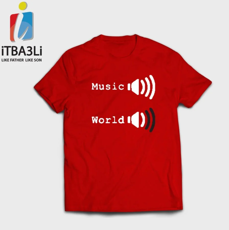 Men's Red Printed T-shirt with Writing Music World