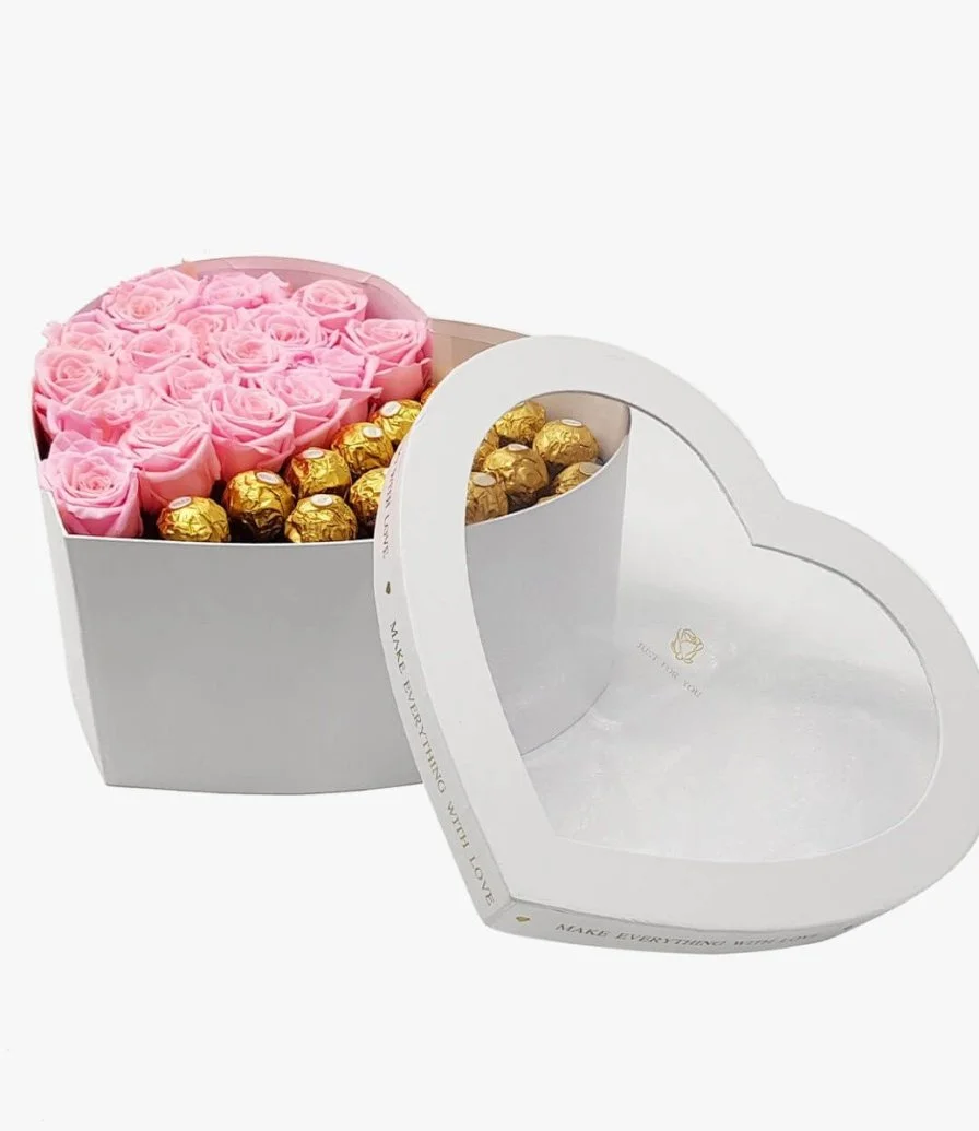 Pink Roses & Choco Heart-shaped Box (L)