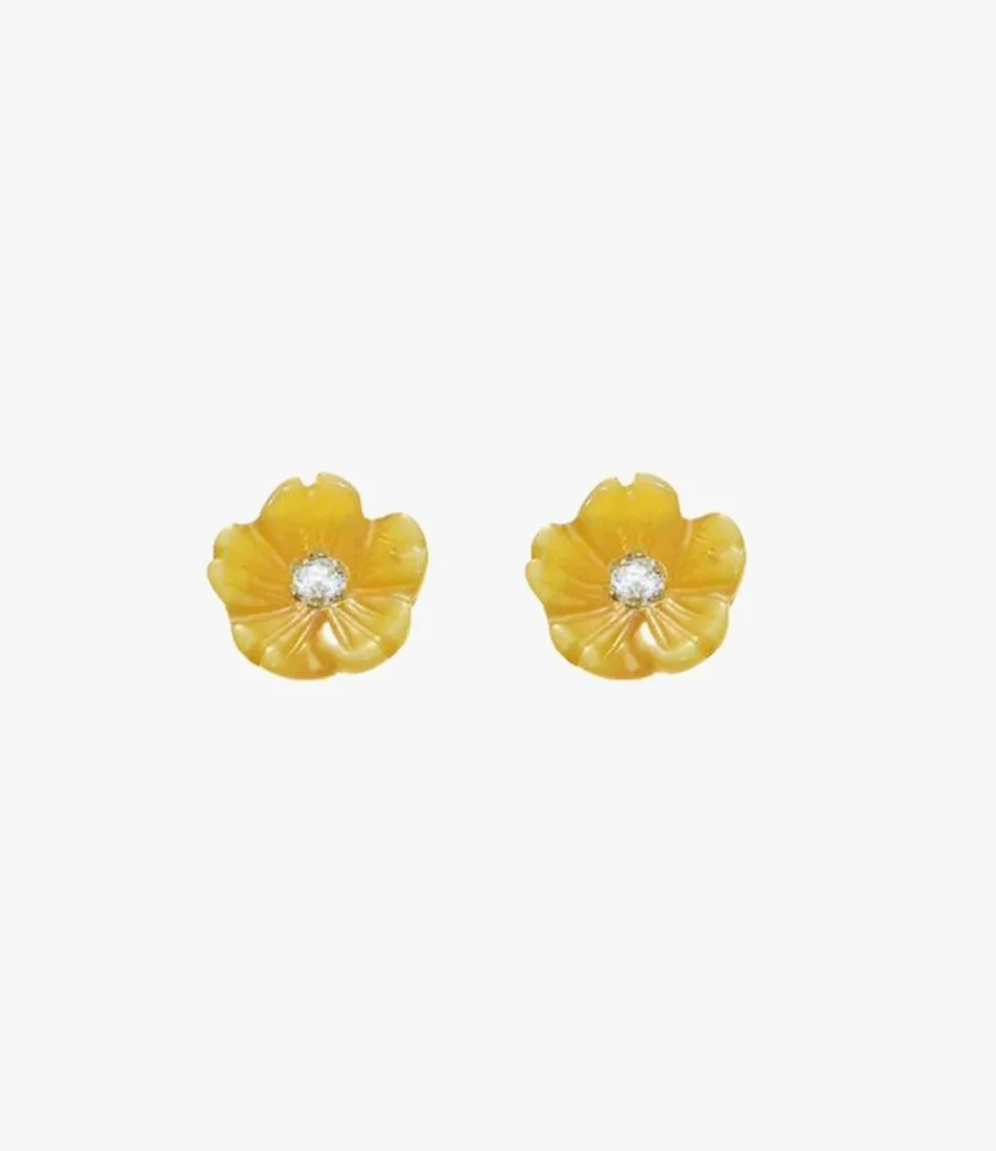 Yellow Pearl Diamond Flower Earrings