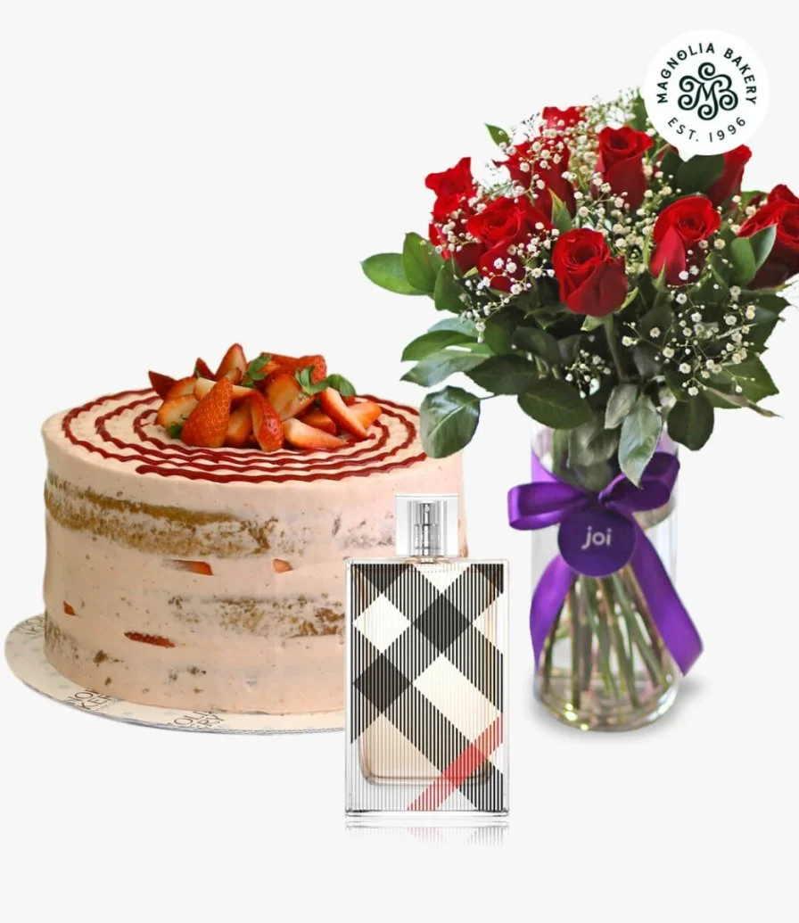 A Bundle of Strawberry Cake by Magnolia Bakery, The Classic Fit Bouquet, & Burberry's Brit Women EDP 100ml