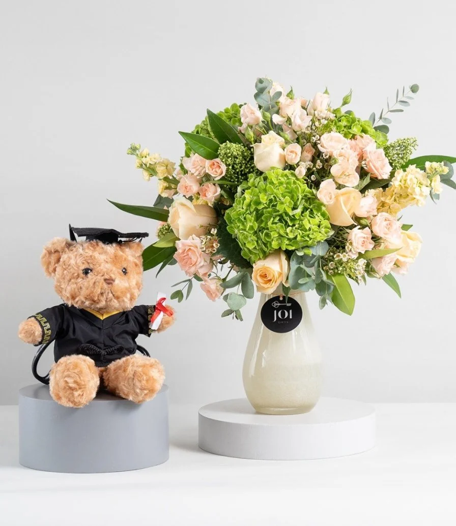 Apricot Blossom Arrangement & Graduation Teddy Bear Bundle