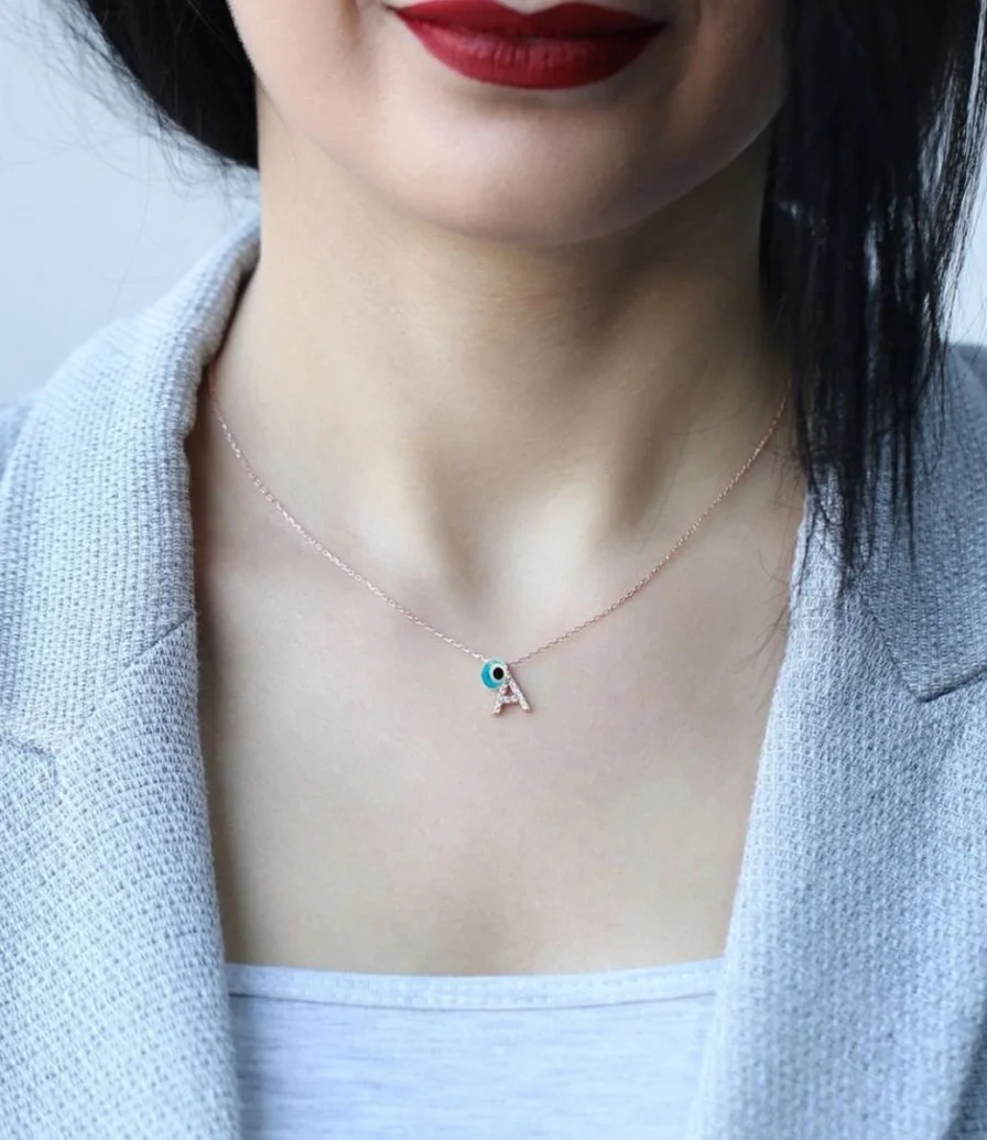 Letter V Necklace With Blue Bead by NAFEES