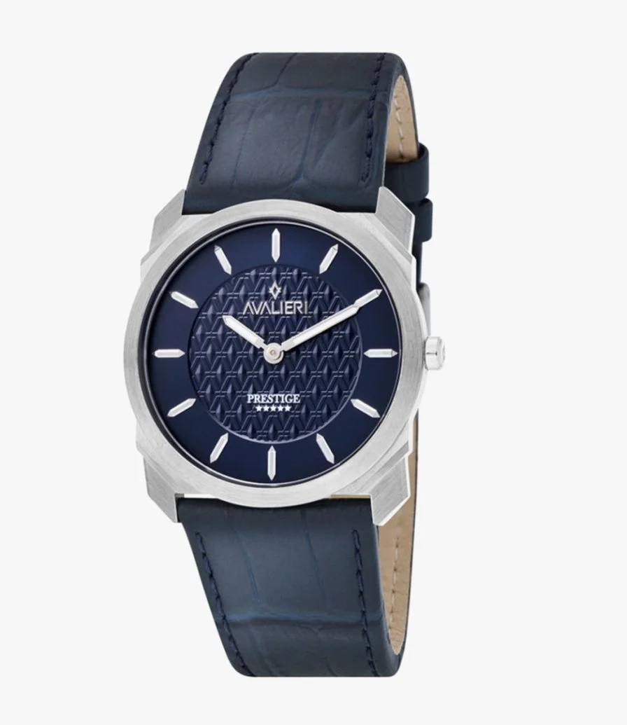 Avalieri Prestige Men's Leather Strap Blue Quartz Watch With Cufflinks Set