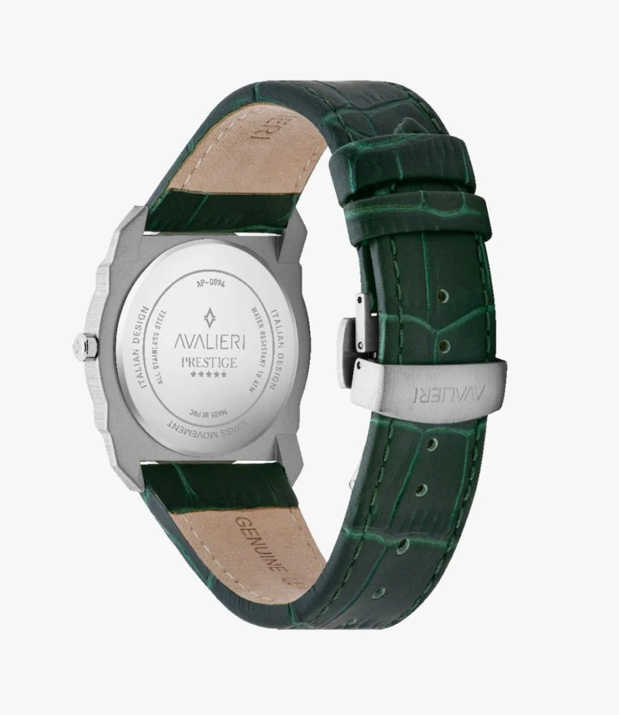 ساعة أفاليري بريستيج للرجال بحزام جلدي أخضر كوارتز