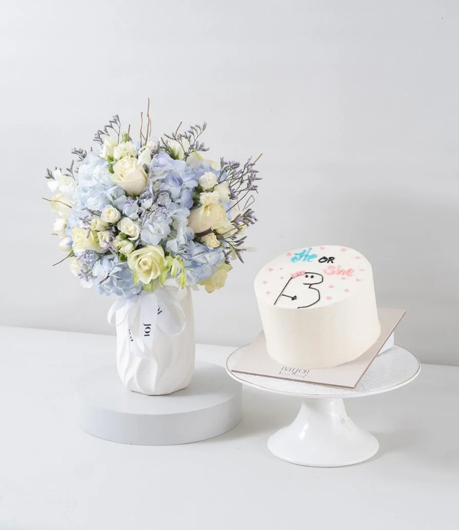 Azure Garden Flower Arrangement & Baby Gender Reveal Cake Bundle