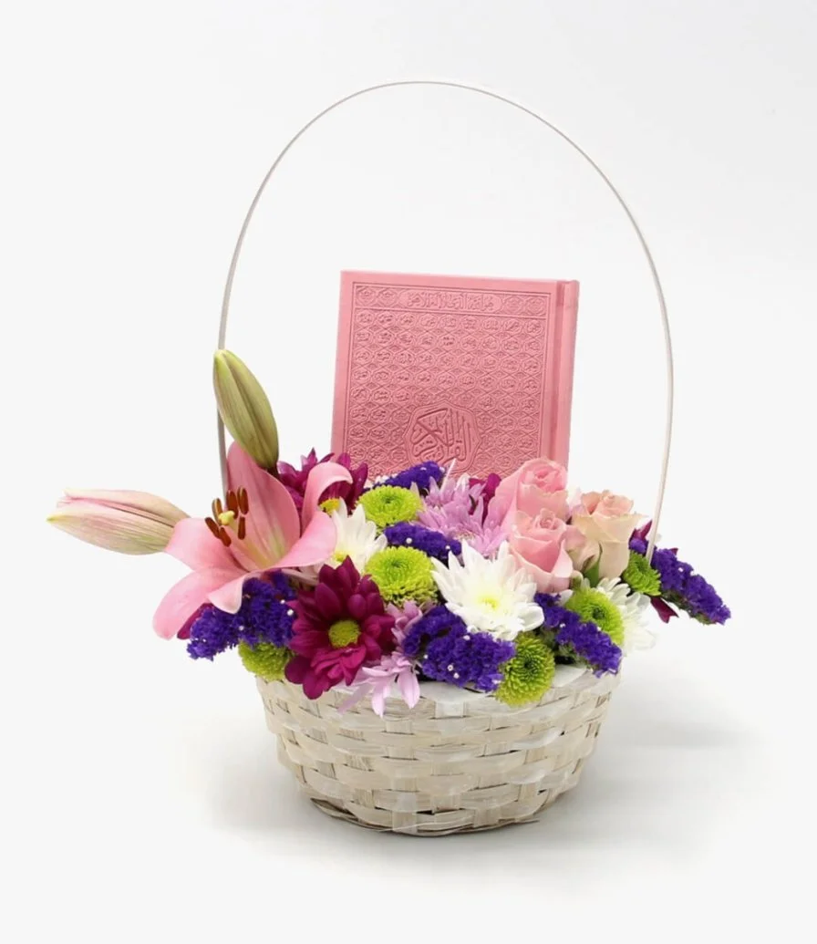 Basket of Flowers with Holy Quran (Pink)