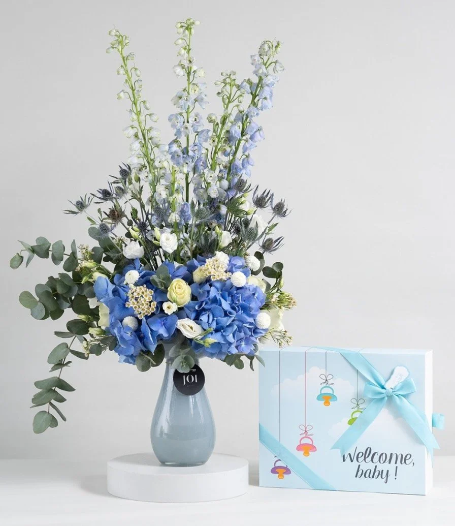 Blue Breeze Arrangement & Precious Baby Boy Newborn Gift Bundle