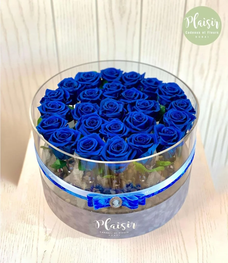 زهور طويلة الأمد زرقاء في صندوق أكريليك دائري من بليزير