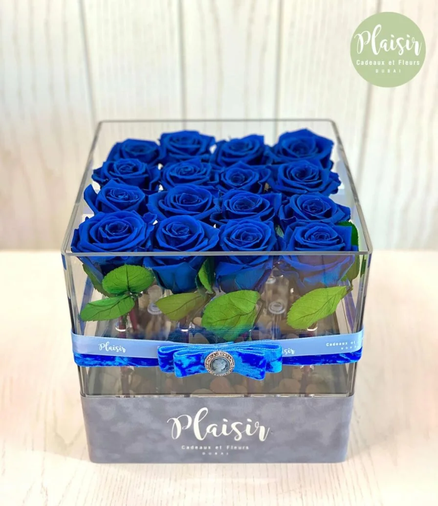Blue Infinity Roses in Square Acrylic Box By Plaisir