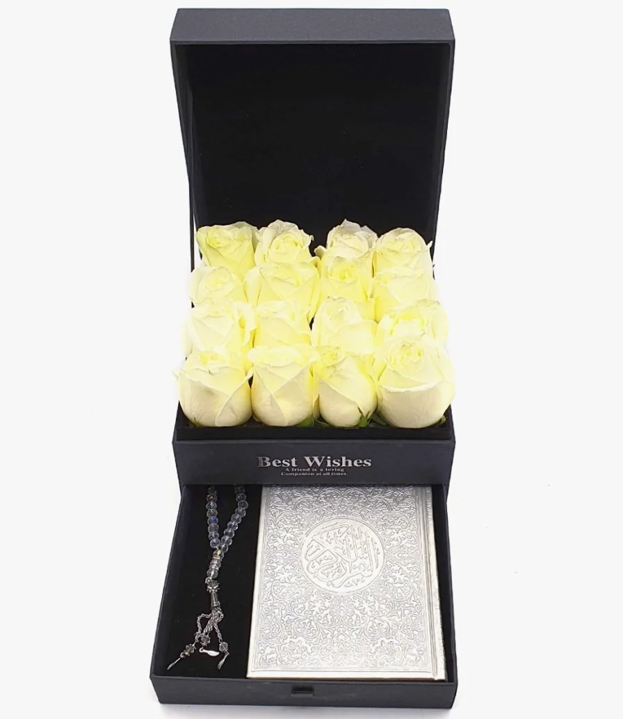 A Box of White Roses with a Grey Quran Book & a Rosary