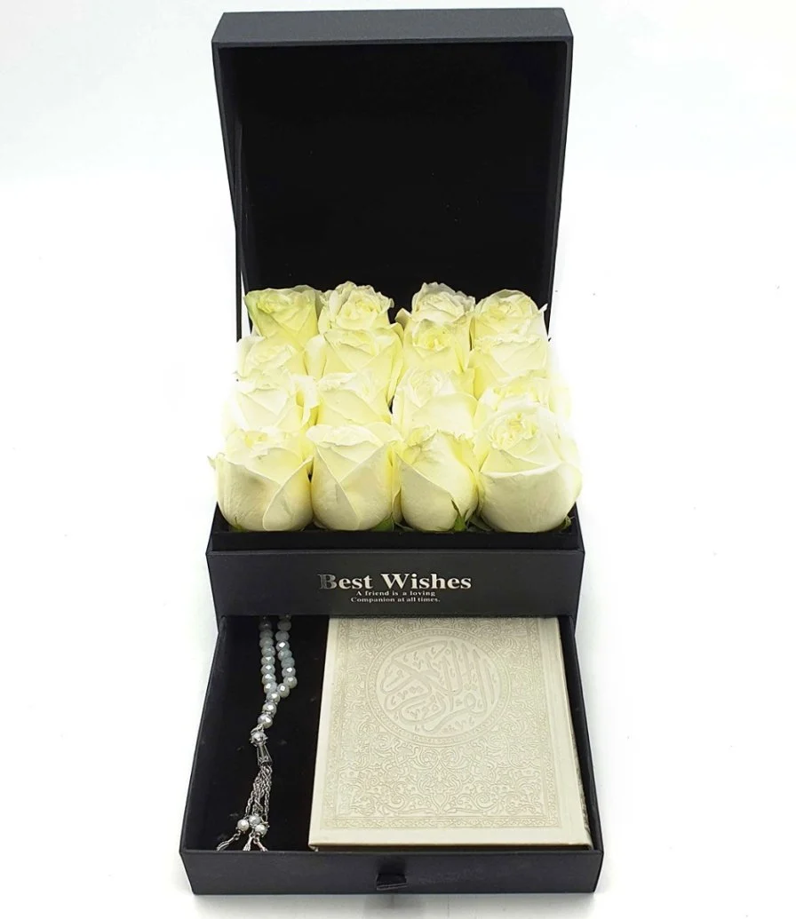 A Box of White Roses with a White Book & a Rosary