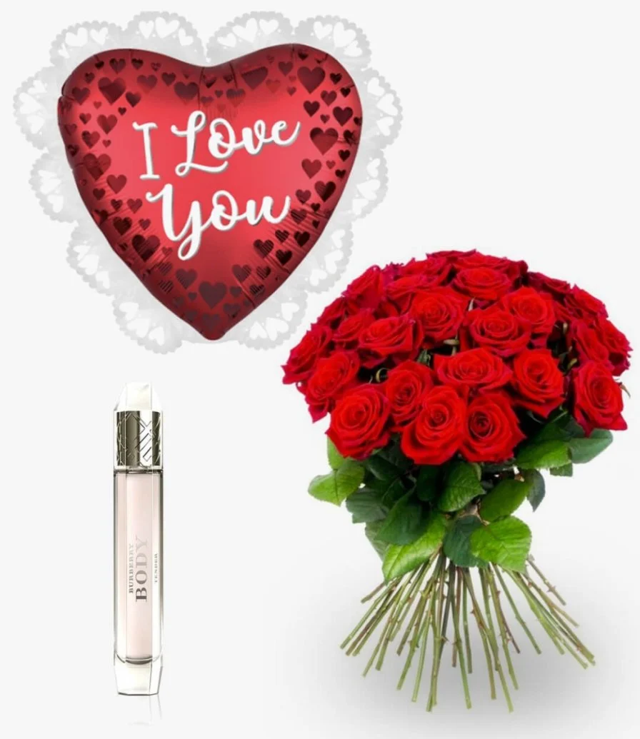 A Bundle of The Big Statement Bouquet, I Love You Dark Red Balloon, & Burberry's Body Tender 60ml