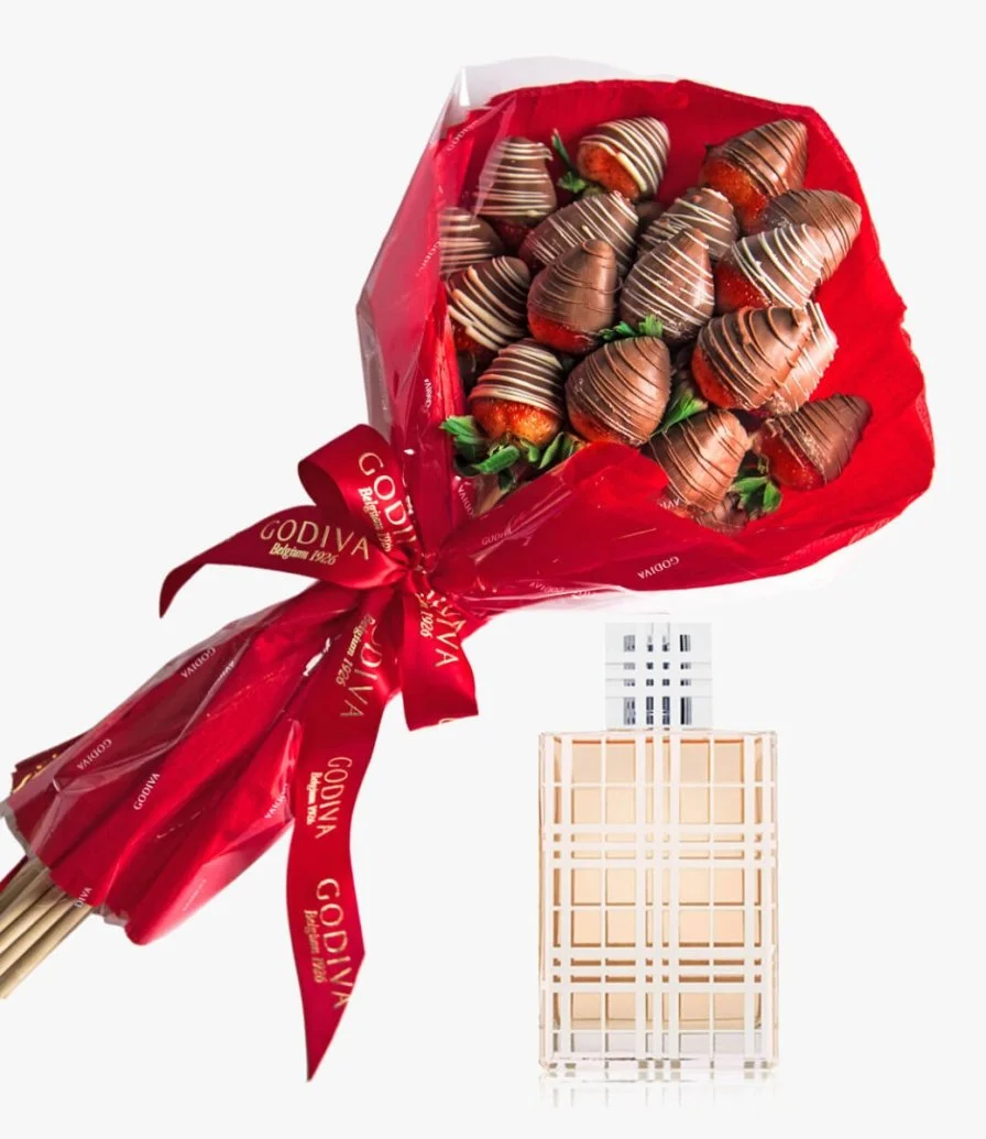 مجموعة مكوّنة من باقة من الفراولة المغطاة بالشوكولاتة وزجاجة عطر أو دو تواليت بيربري بريت للمرأة 100مل
