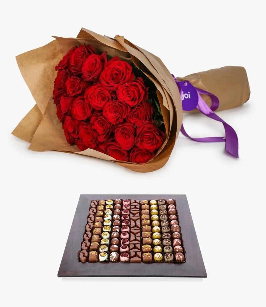  باقة هدايا شوكولاتة بلجيكية وورود