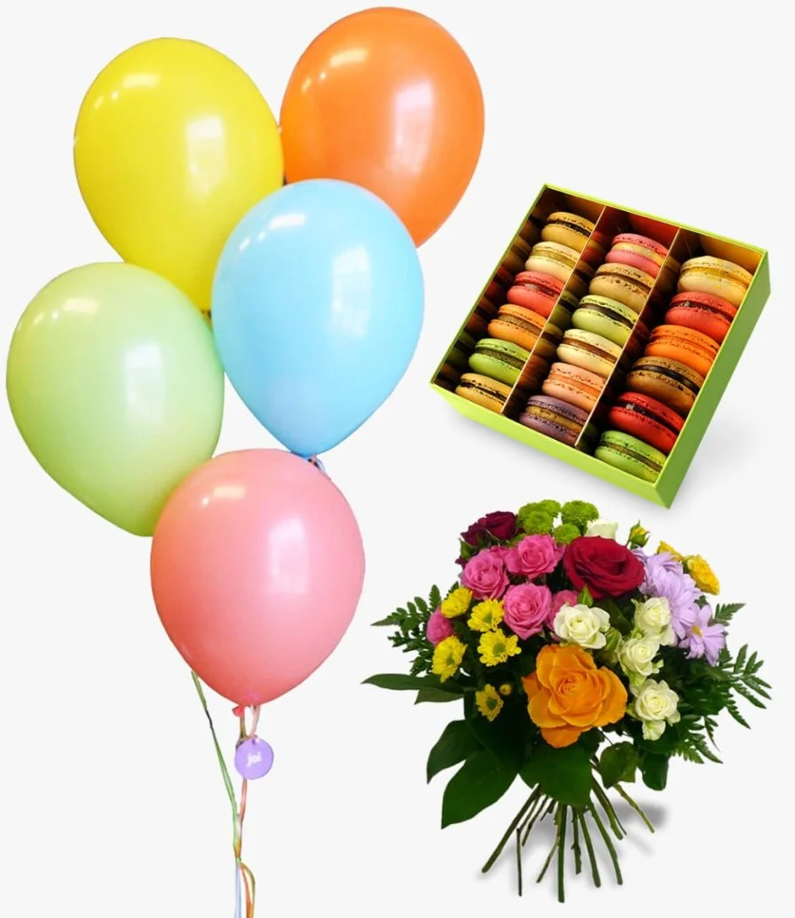 A Bundle of The Free Spirit Bouquet, Marvelous Macarons (Small), & Rainbow Surprise Balloons