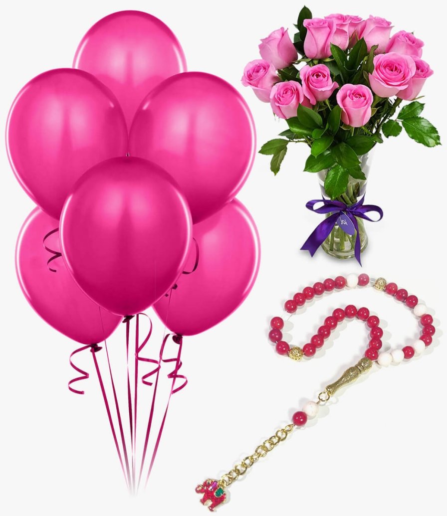 A Bundle of The Diva Bouquet, Coral Beads, & 6 Pink Helium Latex Balloons