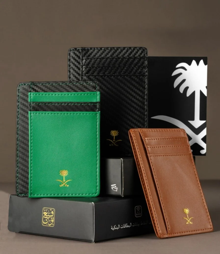 Black Leather Card Wallet With Golden Sword and Palm Logo